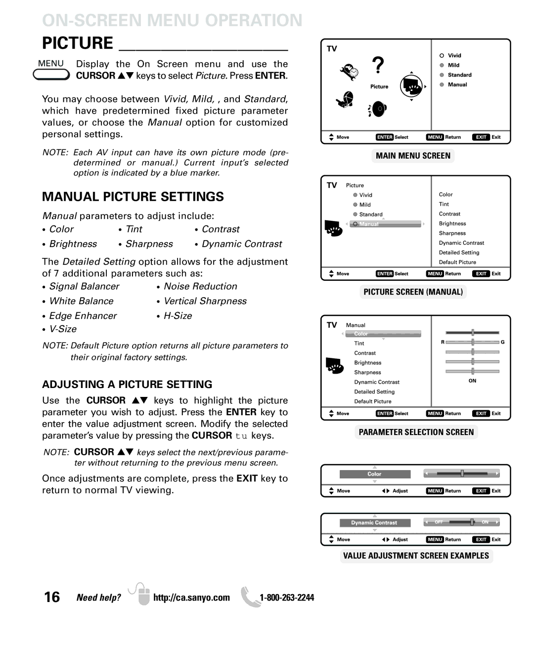 Sanyo LCD55L4 instruction manual ON-SCREEN Menu Operation Picture, Manual Picture Settings 