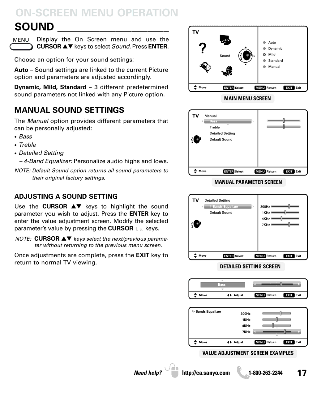 Sanyo LCD55L4 instruction manual ON-SCREEN Menu Operation Sound, Manual Sound Settings 