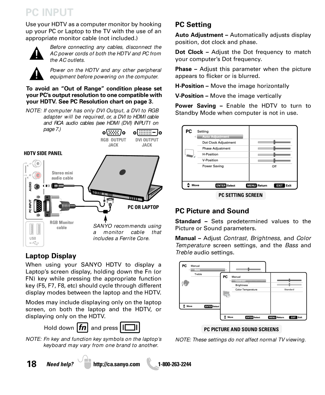 Sanyo LCD55L4 instruction manual PC Input, PC Setting 