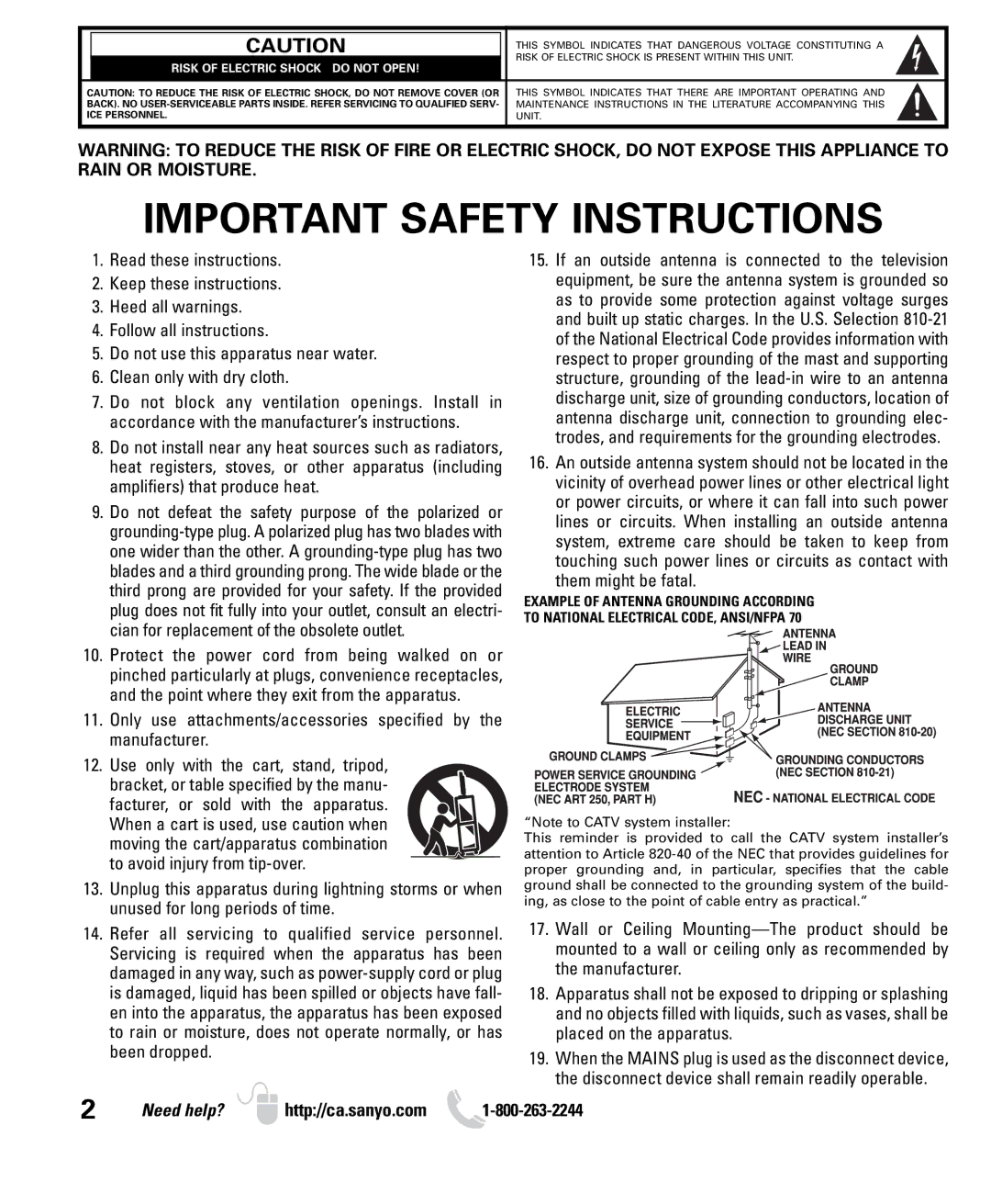 Sanyo LCD55L4 instruction manual Important Safety Instructions 