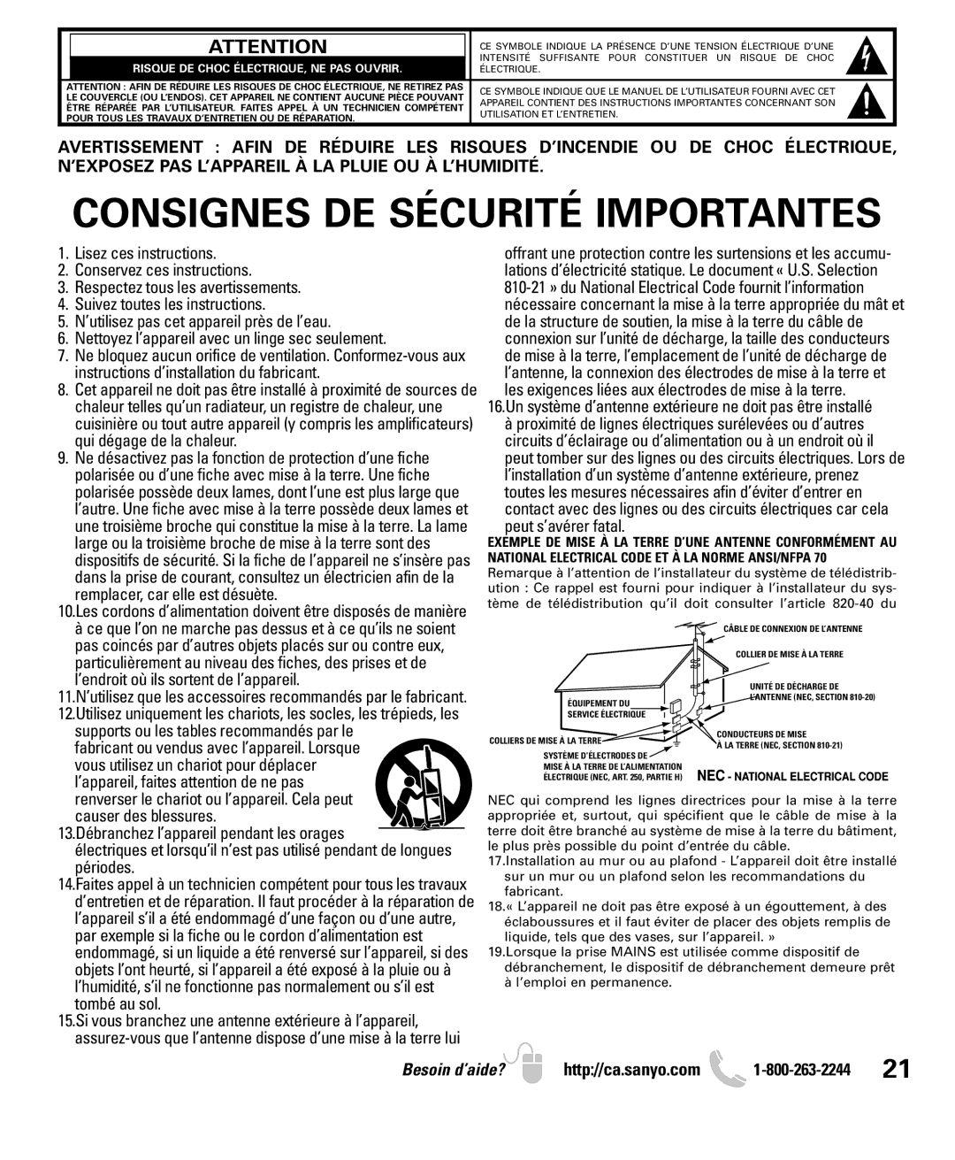 Sanyo LCD55L4 instruction manual Consignes DE Sécurité Importantes 