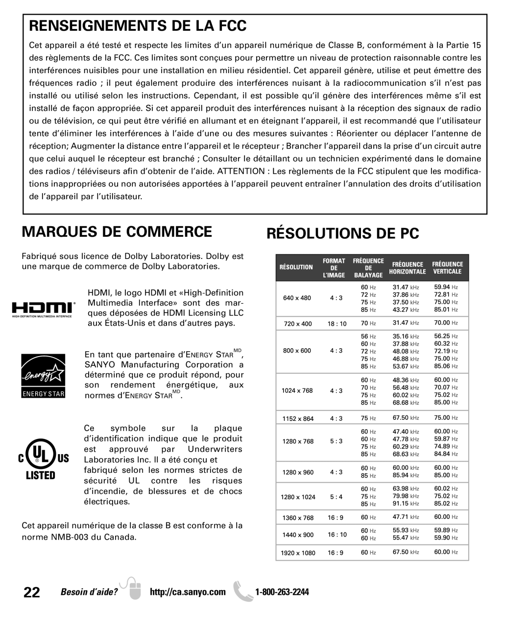 Sanyo LCD55L4 instruction manual Renseignements DE LA FCC, Marques DE Commerce 