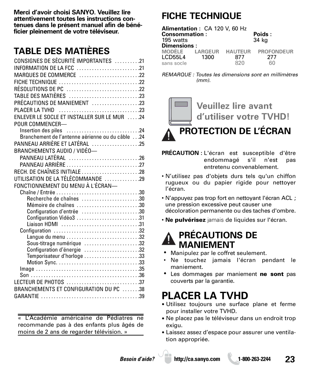 Sanyo LCD55L4 instruction manual Table DES Matières, Fiche Technique, Protection DE L’ÉCRAN, Précautions DE Maniement 