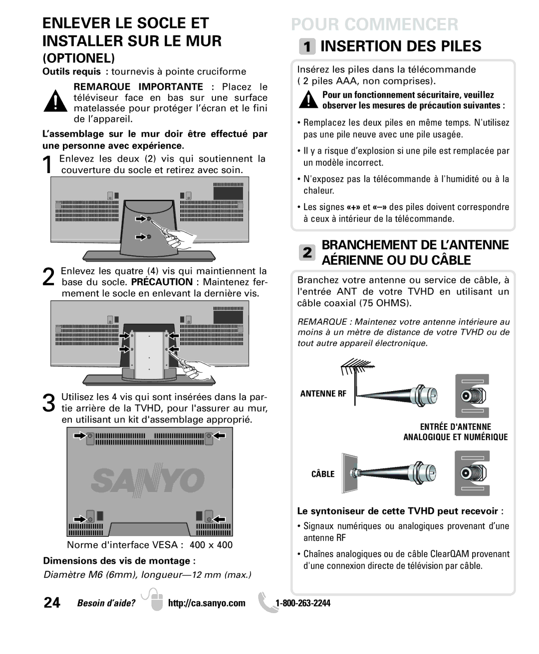 Sanyo LCD55L4 instruction manual Pour Commencer, Insertion DES Piles, Optionel 