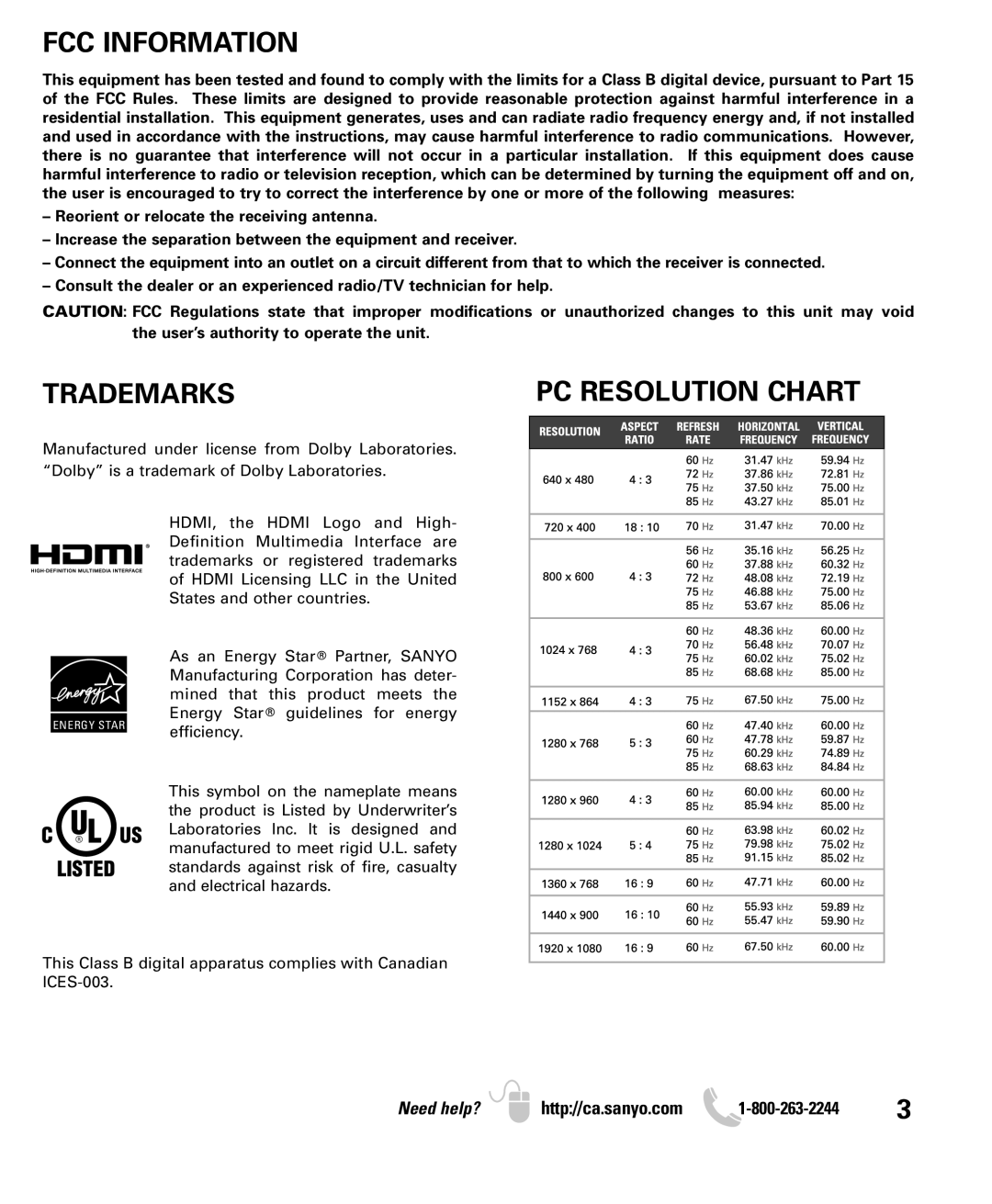 Sanyo LCD55L4 instruction manual FCC Information, Trademarks, PC Resolution Chart 