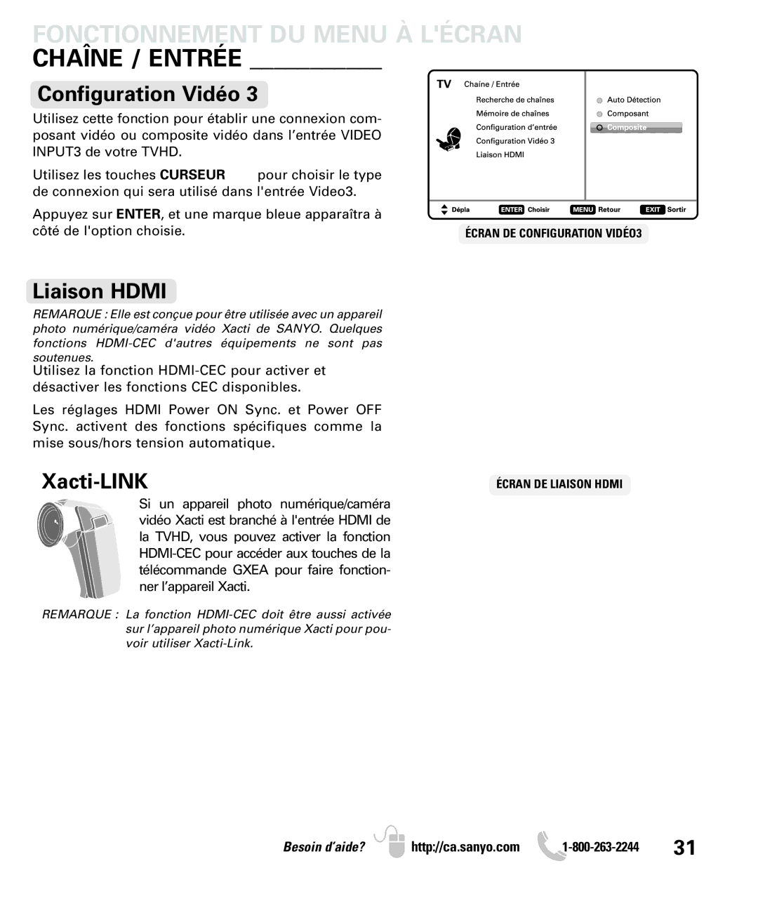 Sanyo LCD55L4 instruction manual Fonctionnement DU Menu À Lécran, Configuration Vidéo, Liaison Hdmi 