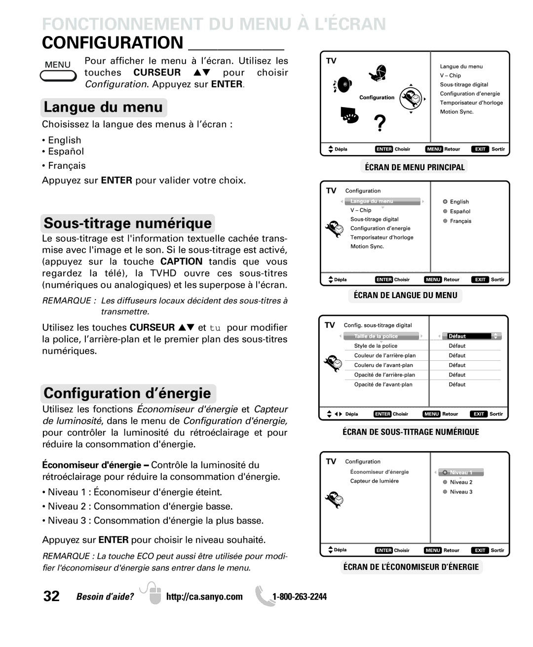 Sanyo LCD55L4 instruction manual Fonctionnement DU Menu À Lécran Configuration, Langue du menu, Sous-titrage numérique 