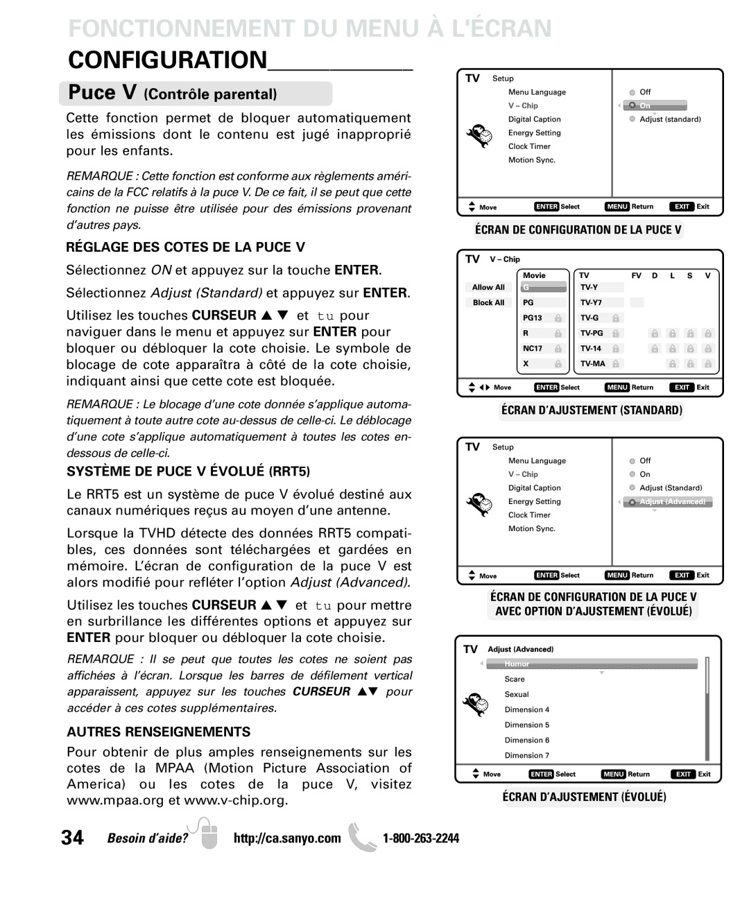 Sanyo LCD55L4 instruction manual Configuration, Puce V Contrôle parental 