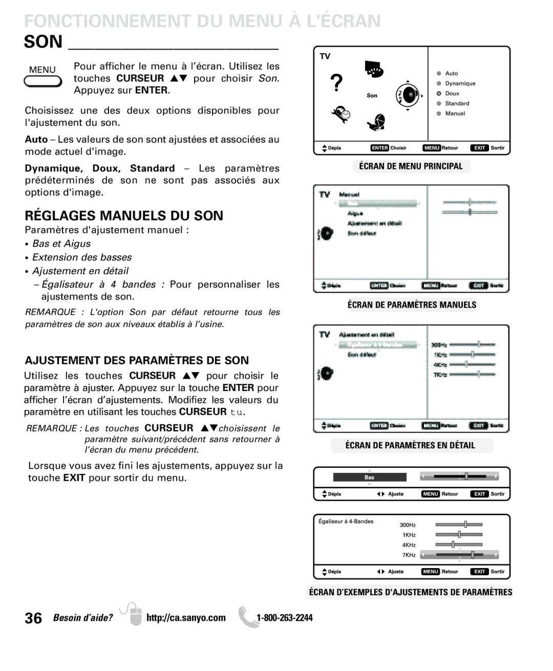 Sanyo LCD55L4 instruction manual Fonctionnement DU Menu À Lécran SON, Réglages Manuels DU SON 