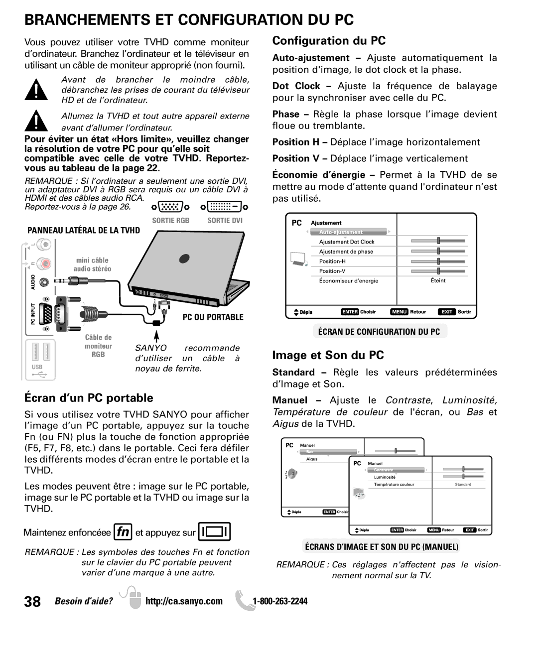 Sanyo LCD55L4 instruction manual Branchements ET Configuration DU PC, Configuration du PC 