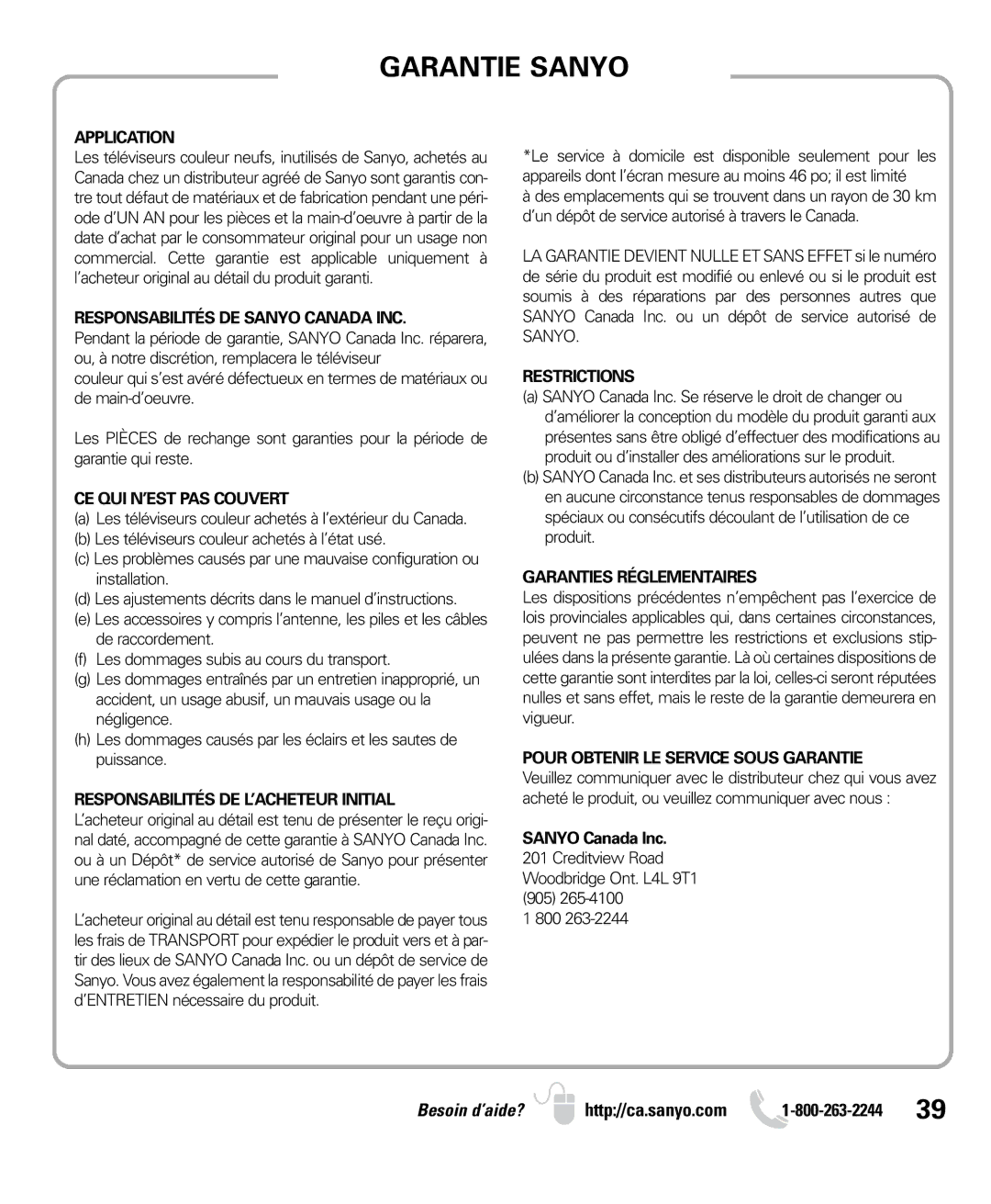 Sanyo LCD55L4 instruction manual Garantie Sanyo, Application 