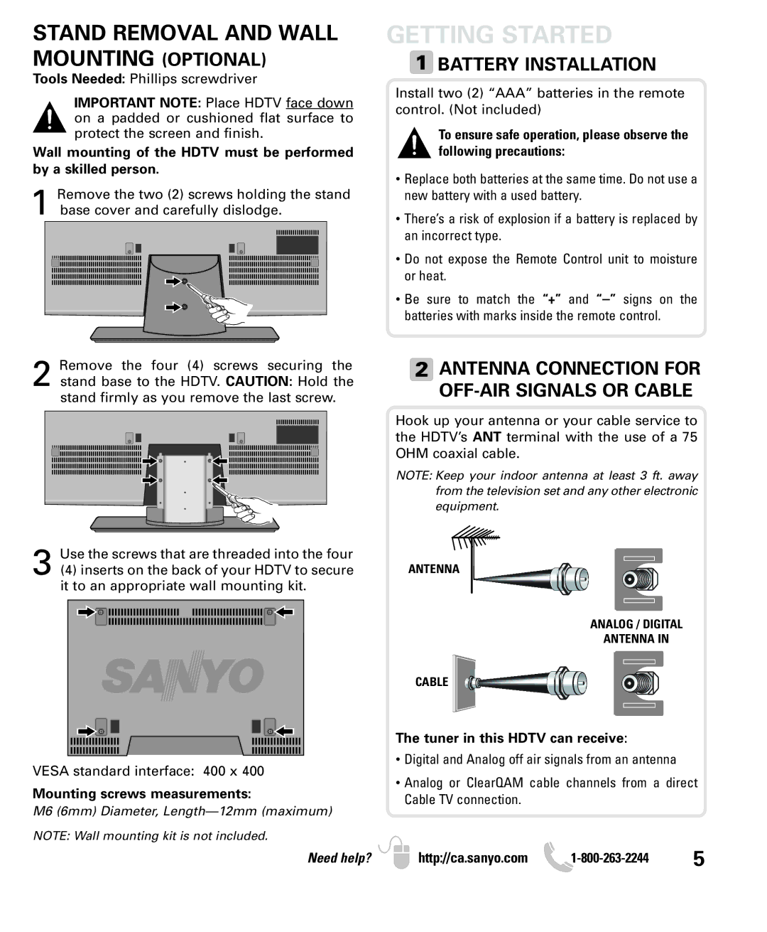 Sanyo LCD55L4 instruction manual Getting Started, Stand Removal and Wall Mounting Optional, Battery Installation 