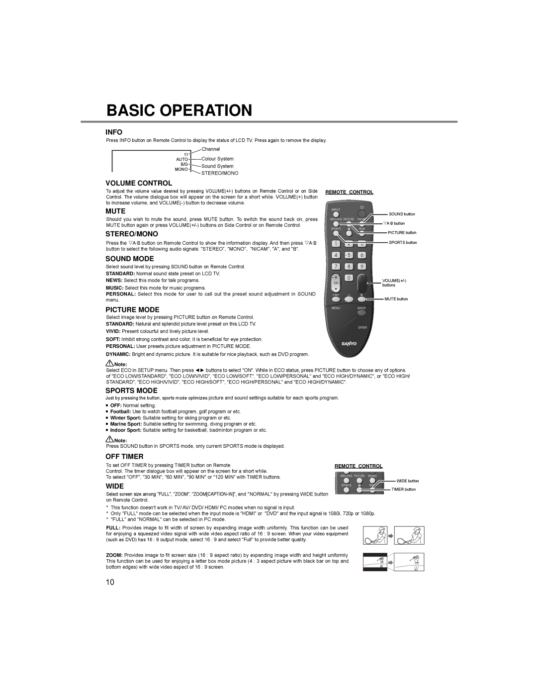 Sanyo LCE-24C100F(K) Info, Volume Control, Mute, Stereo/Mono, Sound Mode, Picture Mode, Sports Mode, OFF Timer, Wide 