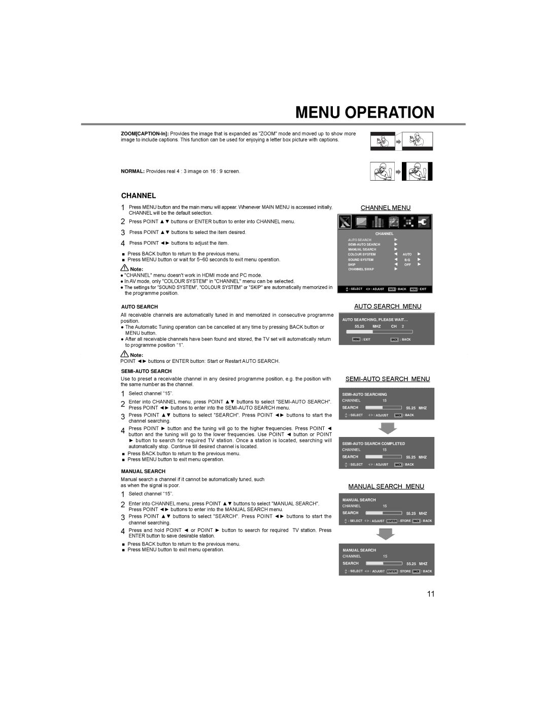 Sanyo LCE-24C100F(R), LCE-24C100F(S) Menu Operation, Channel Menu, Auto Search Menu, SEMI-AUTO Search Menu 