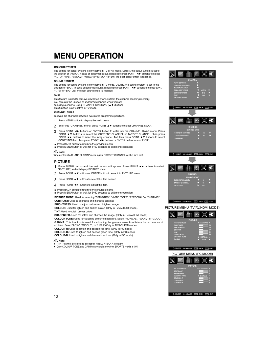 Sanyo LCE-24C100F(S), LCE-24C100F(N), LCE-24C100F(K), LCE-24C100F(R) Picture Menu TV/AV/HDMI Mode, Picture Menu PC Mode 