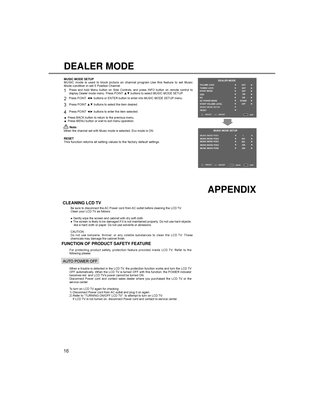 Sanyo LCE-24C100F(S) Appendix, Cleaning LCD TV, Function of Product Safety Feature, Music Mode Setup, Reset 