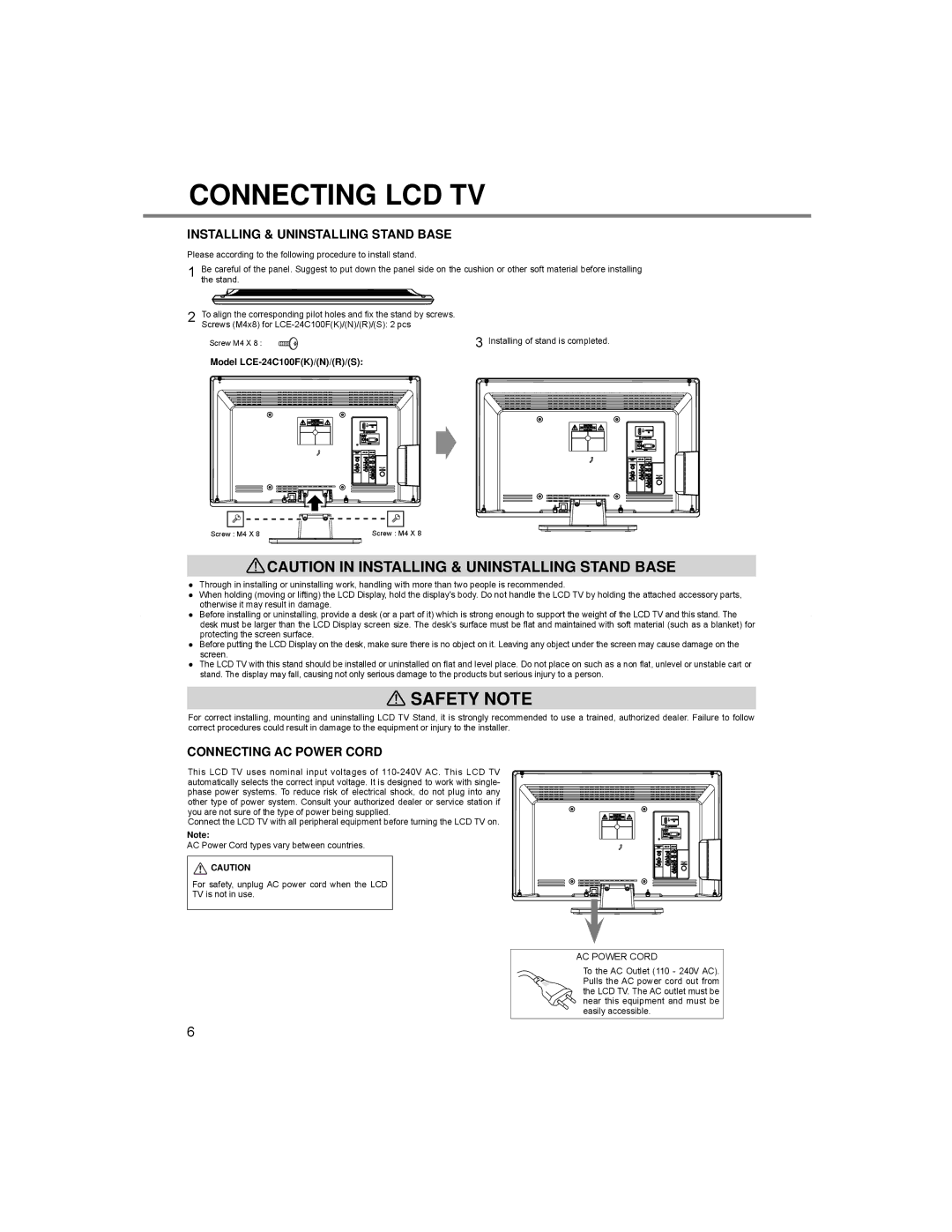 Sanyo LCE-24C100F(K), LCE-24C100F(S) Connecting LCD TV, Installing & Uninstalling Stand Base, Connecting AC Power Cord 