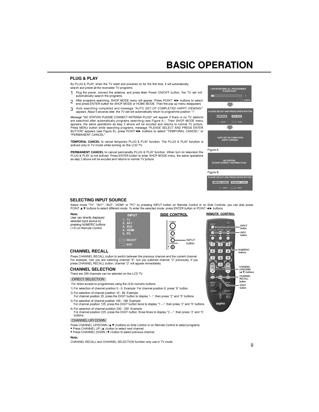 Sanyo LCE-24C100F(N), LCE-24C100F(S), LCE-24C100F(K) Plug & Play, Selecting Input Source, Channel Recall, Channel Selection 