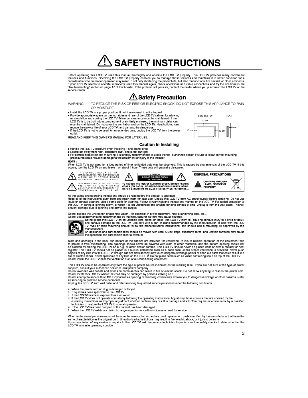 Sanyo LCE-24C100F(R), LCE-24C100F(S) Safety Instructions, Safety Precaution, Caution In Installing, Disposal Precautions 