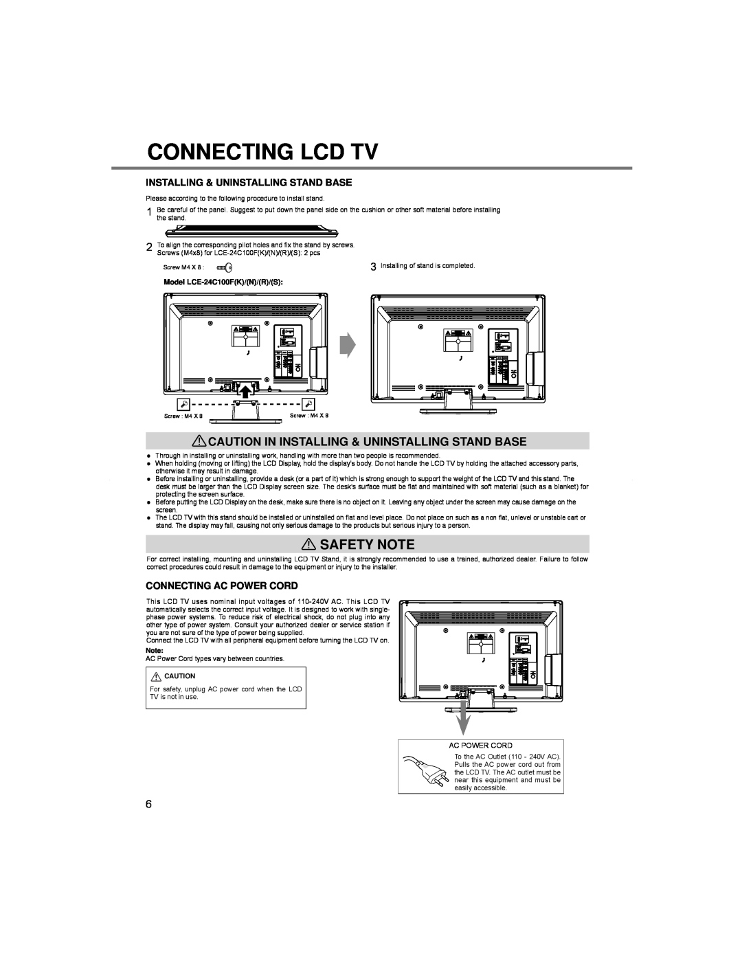 Sanyo LCE-24C100F(K), LCE-24C100F(S) Connecting Lcd Tv, Safety Note, Caution In Installing & Uninstalling Stand Base 