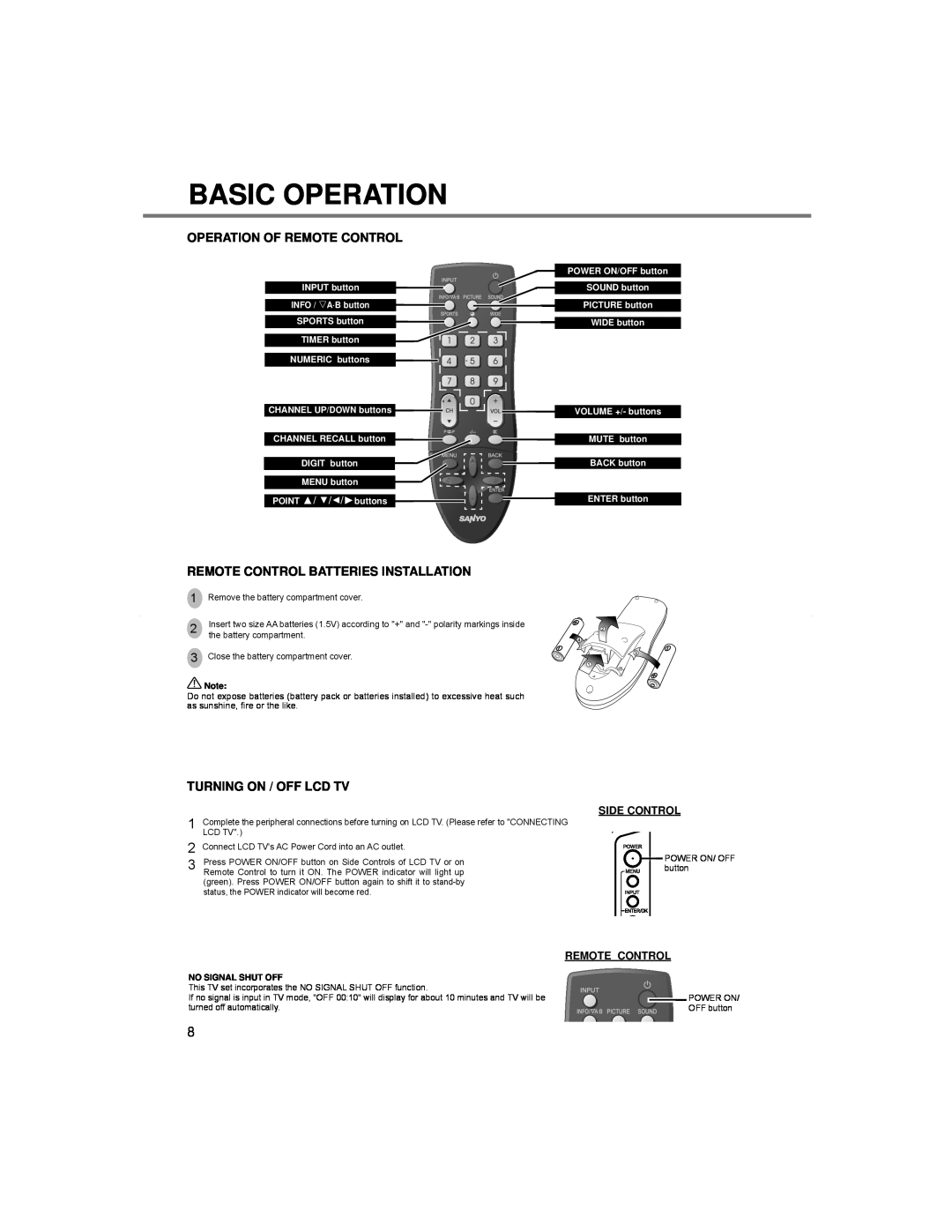 Sanyo LCE-24C100F(S) Basic Operation, Operation Of Remote Control, Remote Control Batteries Installation, NUMERIC buttons 
