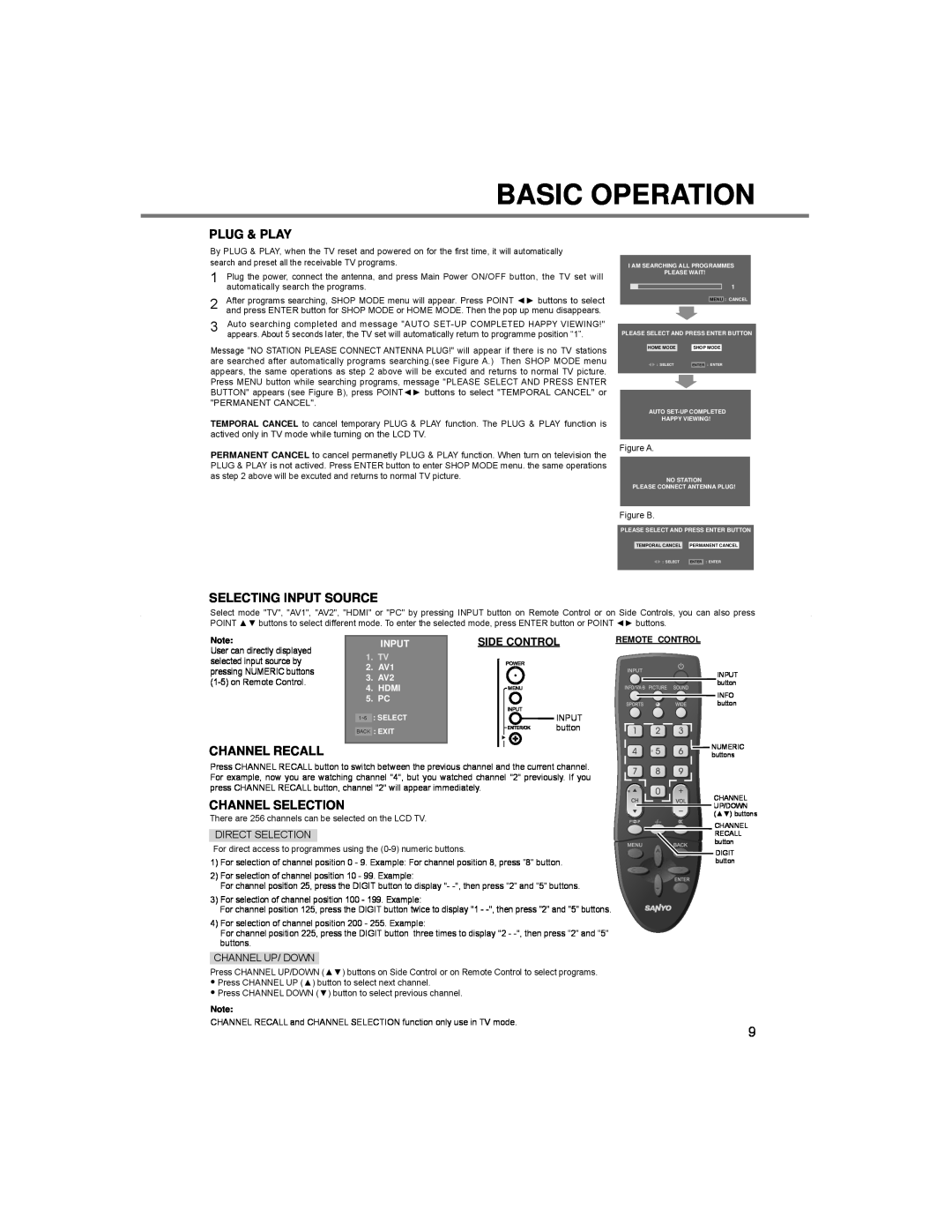 Sanyo LCE-24C100F(N) Plug & Play, Selecting Input Source, Channel Recall, Channel Selection, Side Control, Basic Operation 
