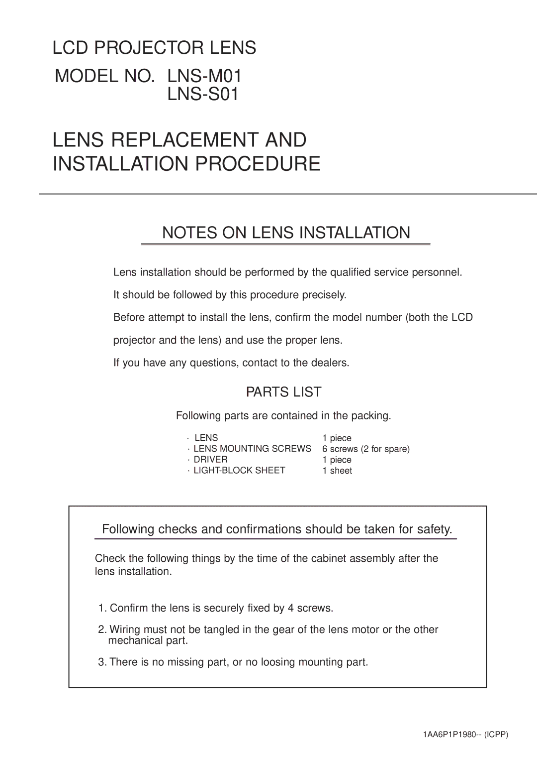 Sanyo LNS-M01 manual Lens Replacement Installation Procedure, Parts List 