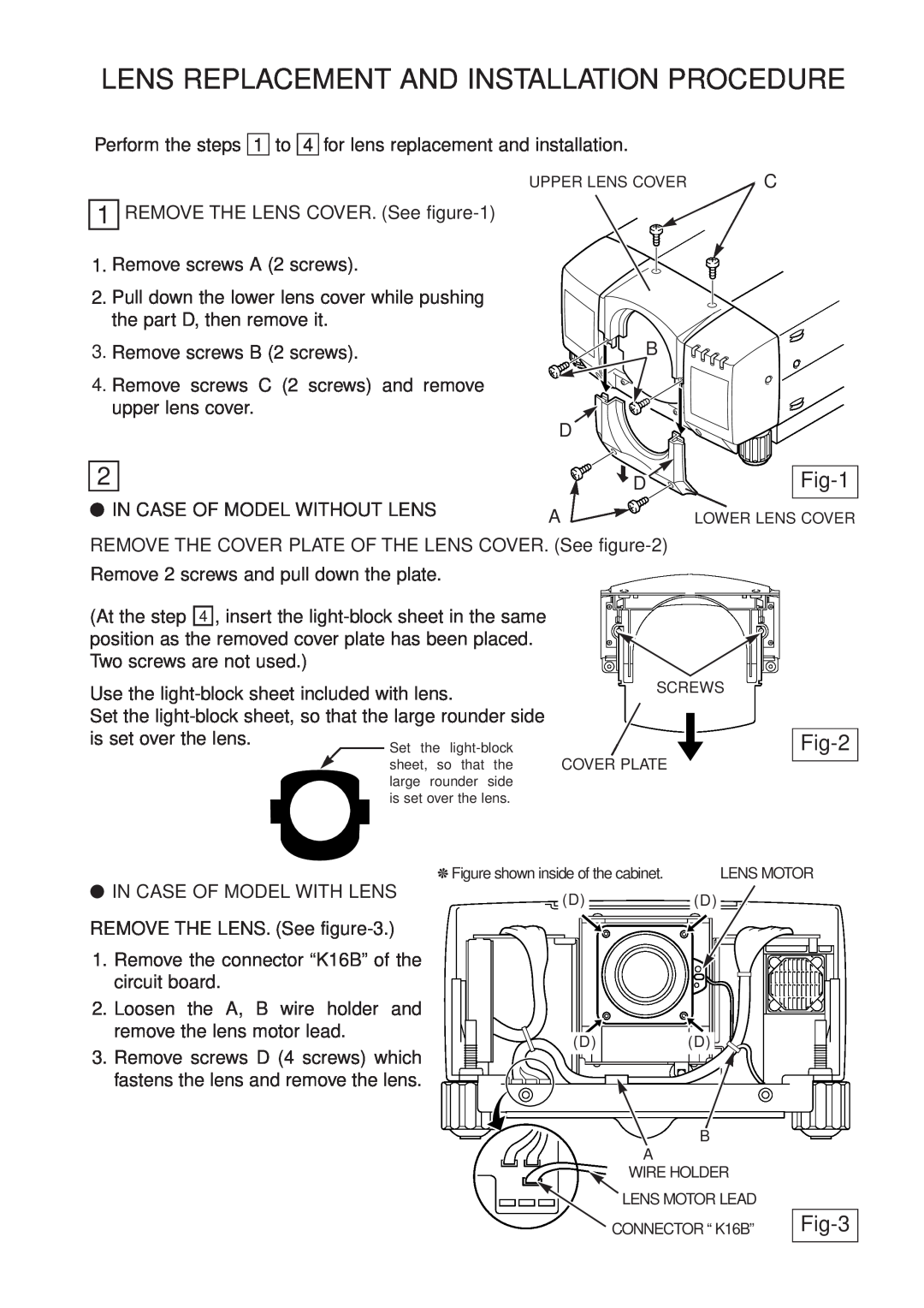 Sanyo LNS-M01 manual Lens Replacement And Installation Procedure, Fig-1, Fig-2, Fig-3 