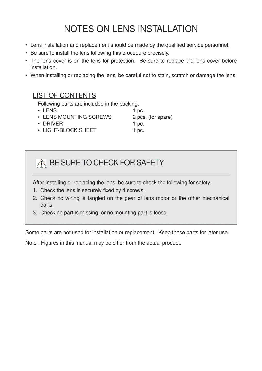 Sanyo LNS-S02Z installation manual Be Sure to Check for Safety, List of Contents 