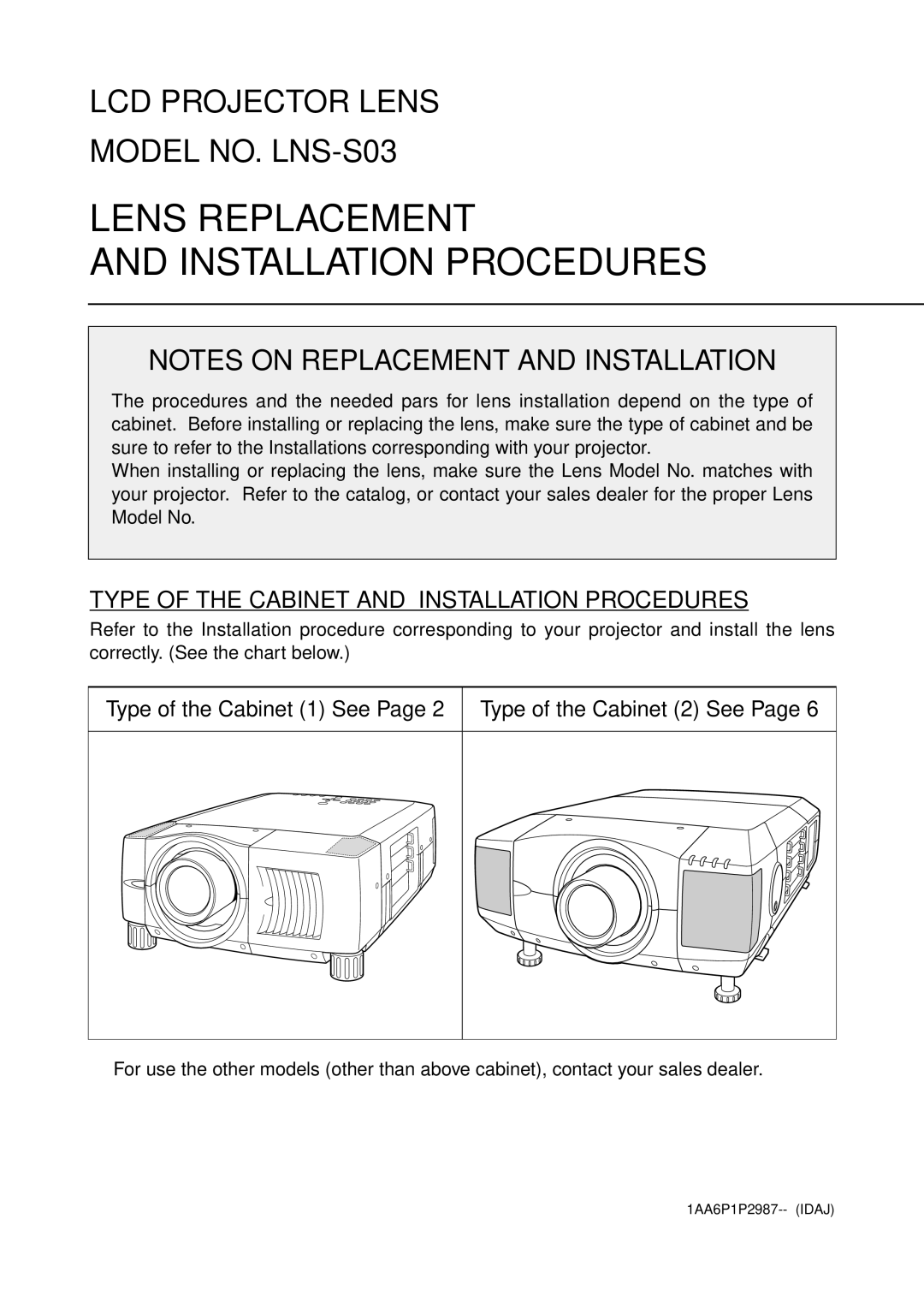 Sanyo LNS-S03 manual Lens Replacement Installation Procedures, Type of the Cabinet 1 See Type of the Cabinet 2 See 