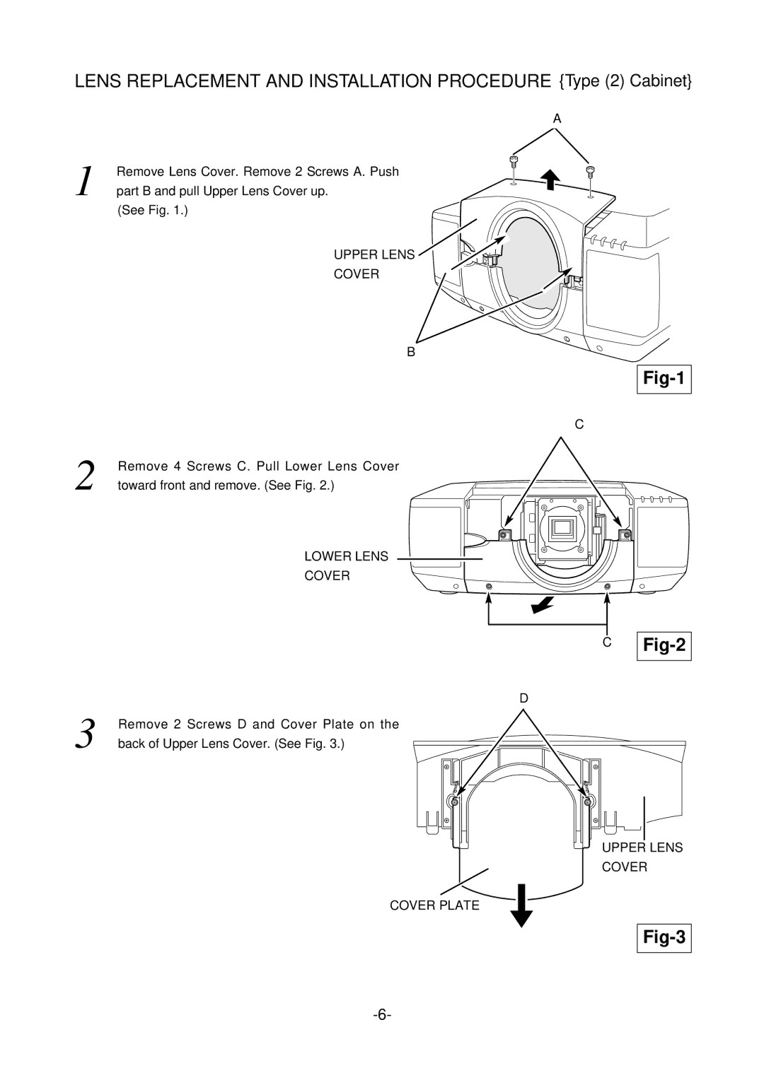 Sanyo LNS-S03 manual Lens Replacement and Installation Procedure Type 2 Cabinet, Fig-1 Fig-2 