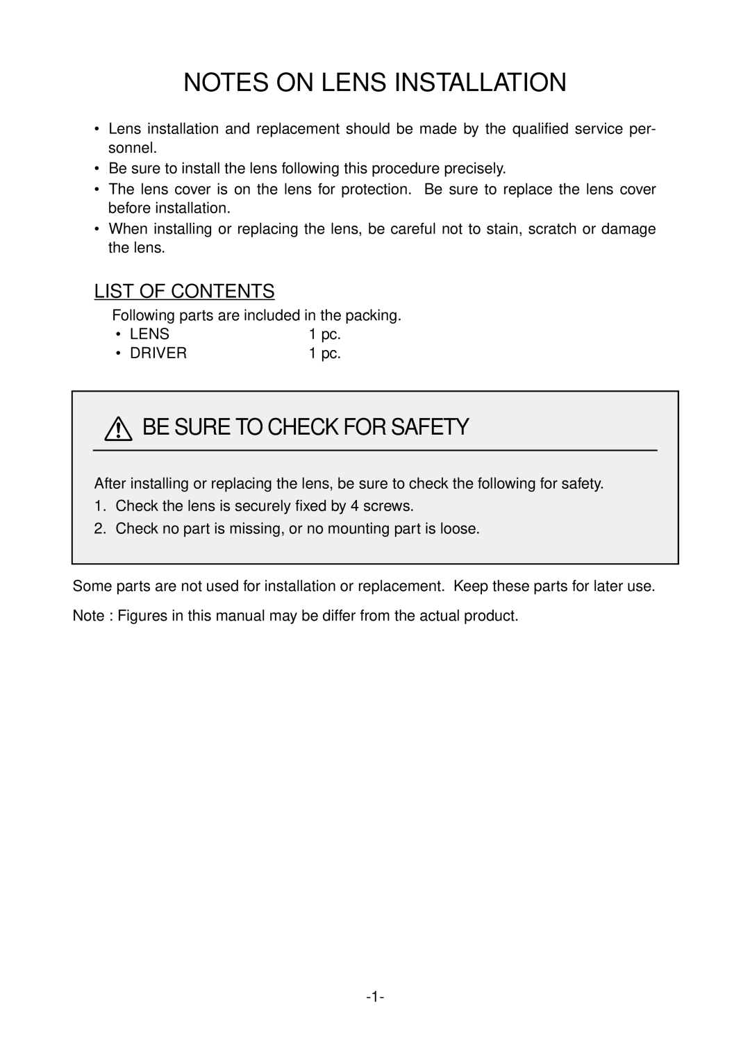 Sanyo LNS-S03 manual Notes On Lens Installation, Be Sure To Check For Safety, List Of Contents 