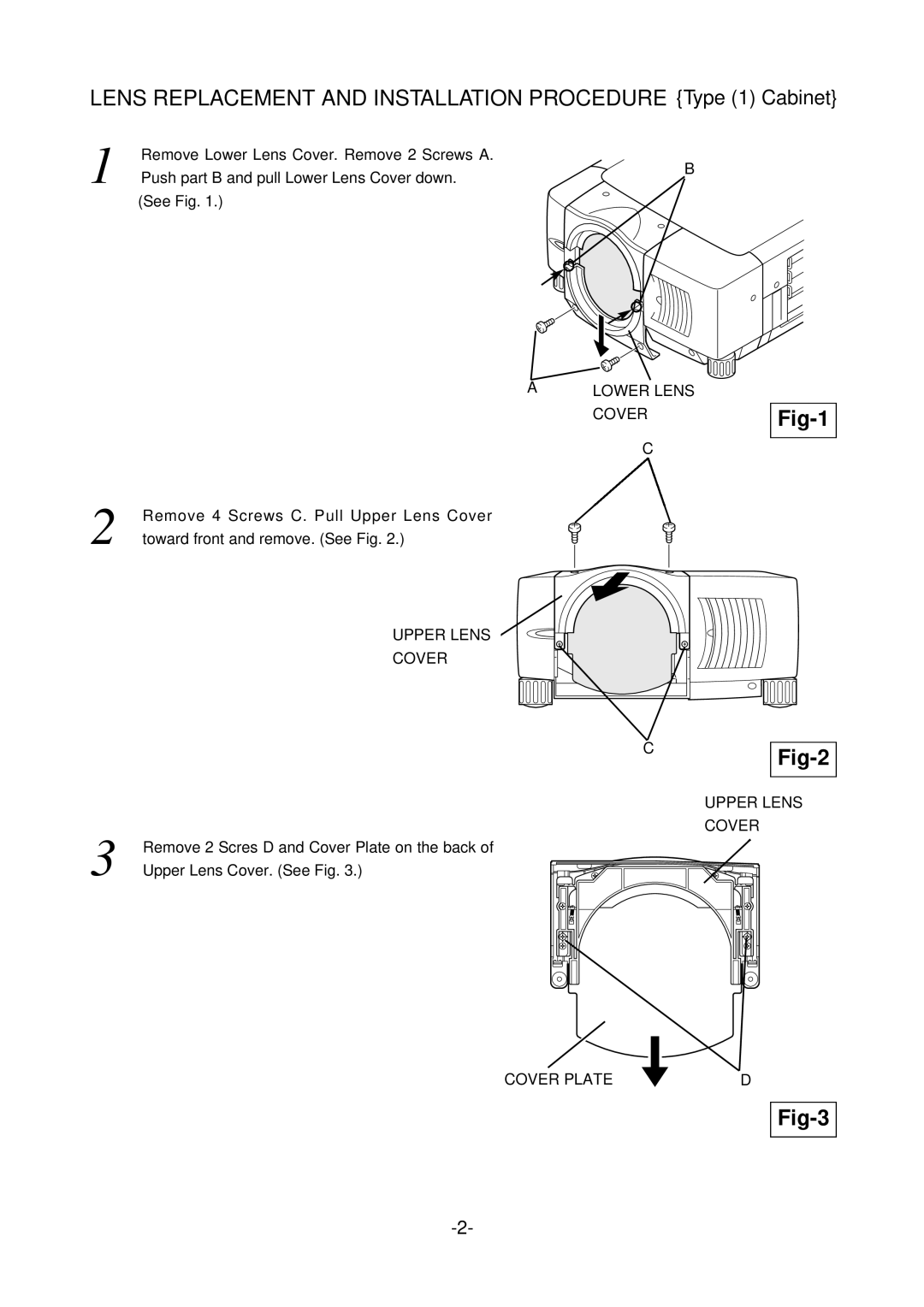 Sanyo LNS-S03 manual LENS REPLACEMENT AND INSTALLATION PROCEDURE Type 1 Cabinet, Fig-1, Fig-2, Fig-3 