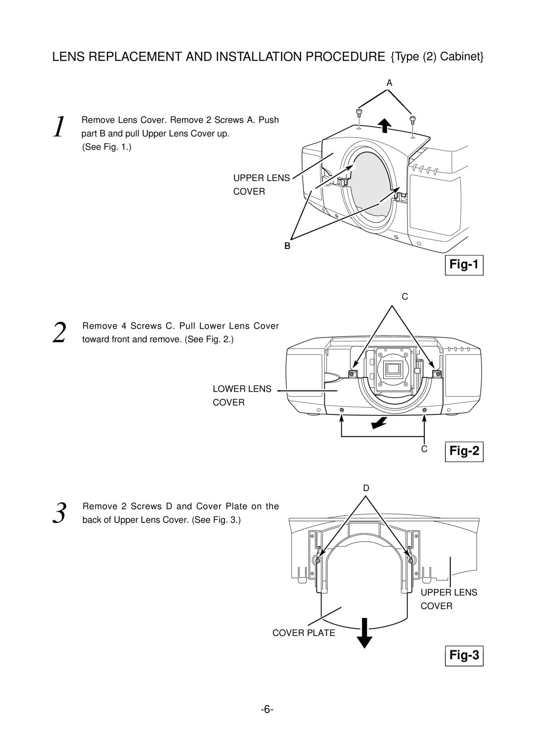 Sanyo LNS-S03 manual LENS REPLACEMENT AND INSTALLATION PROCEDURE Type 2 Cabinet, Fig-1 Fig-2, Fig-3 