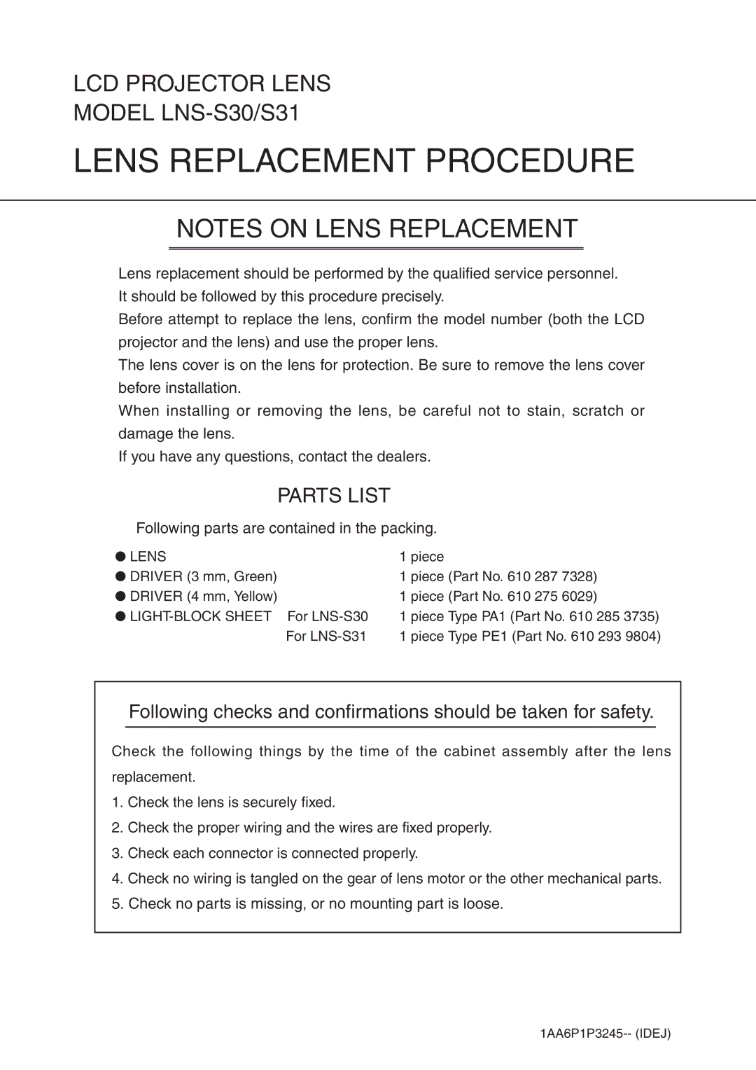 Sanyo LNS-S30, LNS-S31 manual Lens Replacement Procedure, Parts List 