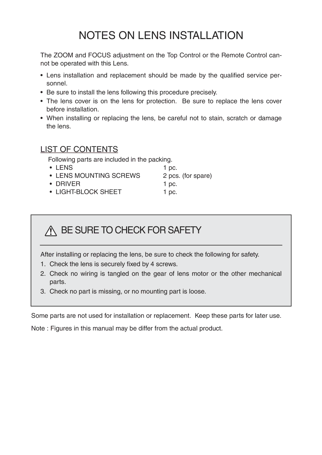 Sanyo LNS-T01Z, LNS-W01Z installation manual Be Sure to Check for Safety, List of Contents 