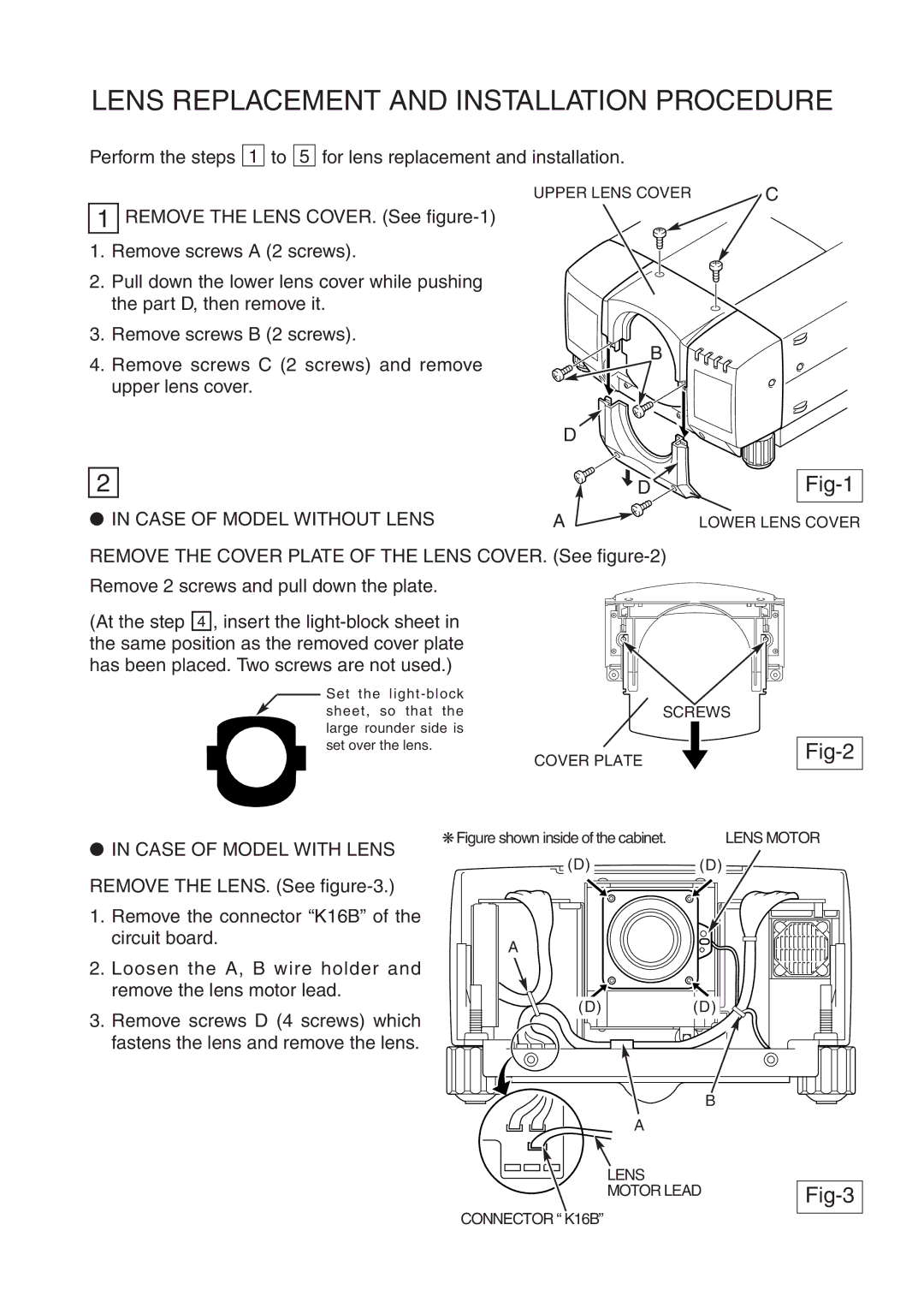 Sanyo LNS-W01Z, LNS-T01Z installation manual Lens Replacement and Installation Procedure, Fig-1, Fig-2, Fig-3 