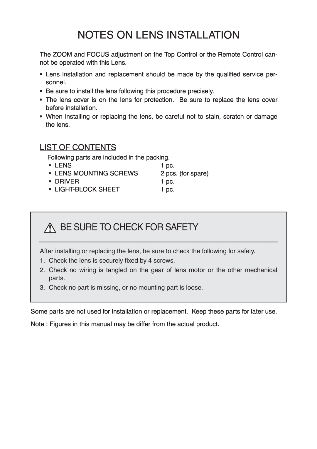 Sanyo LNS-T01Z, LNS-W01Z installation manual Notes On Lens Installation, Be Sure To Check For Safety, List Of Contents 