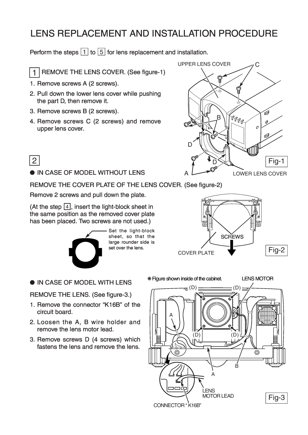 Sanyo LNS-W01Z, LNS-T01Z installation manual Lens Replacement And Installation Procedure, Fig-1, Fig-2, Fig-3 