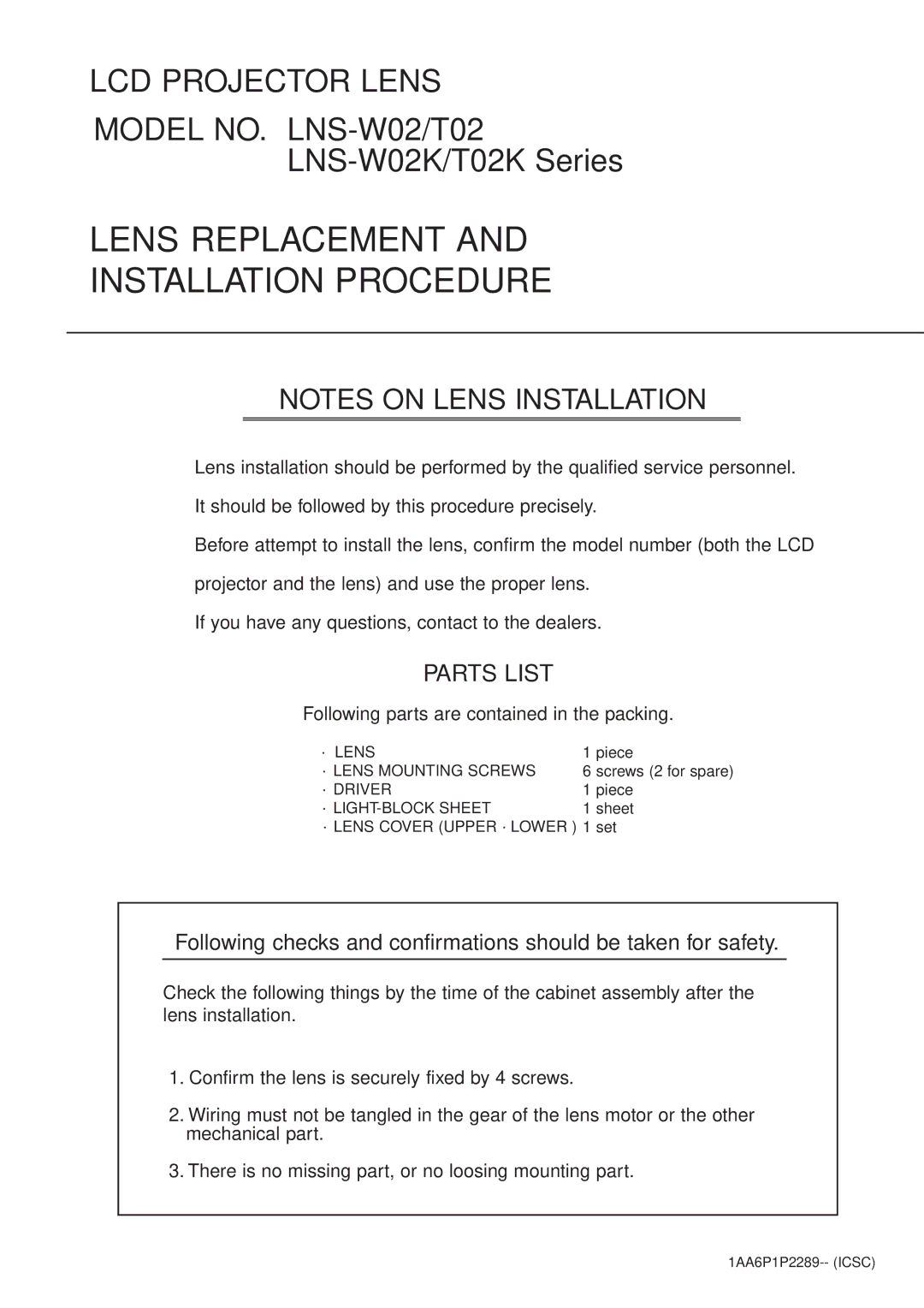 Sanyo LNS-W02K, LNS-T02K manual Lens Replacement Installation Procedure 