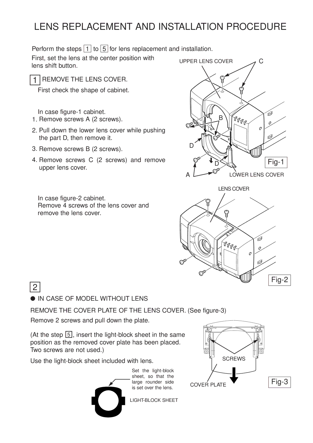 Sanyo LNS-T02K, LNS-W02K manual Fig-2, Fig-3, Remove the Lens Cover, Case of Model Without Lens 