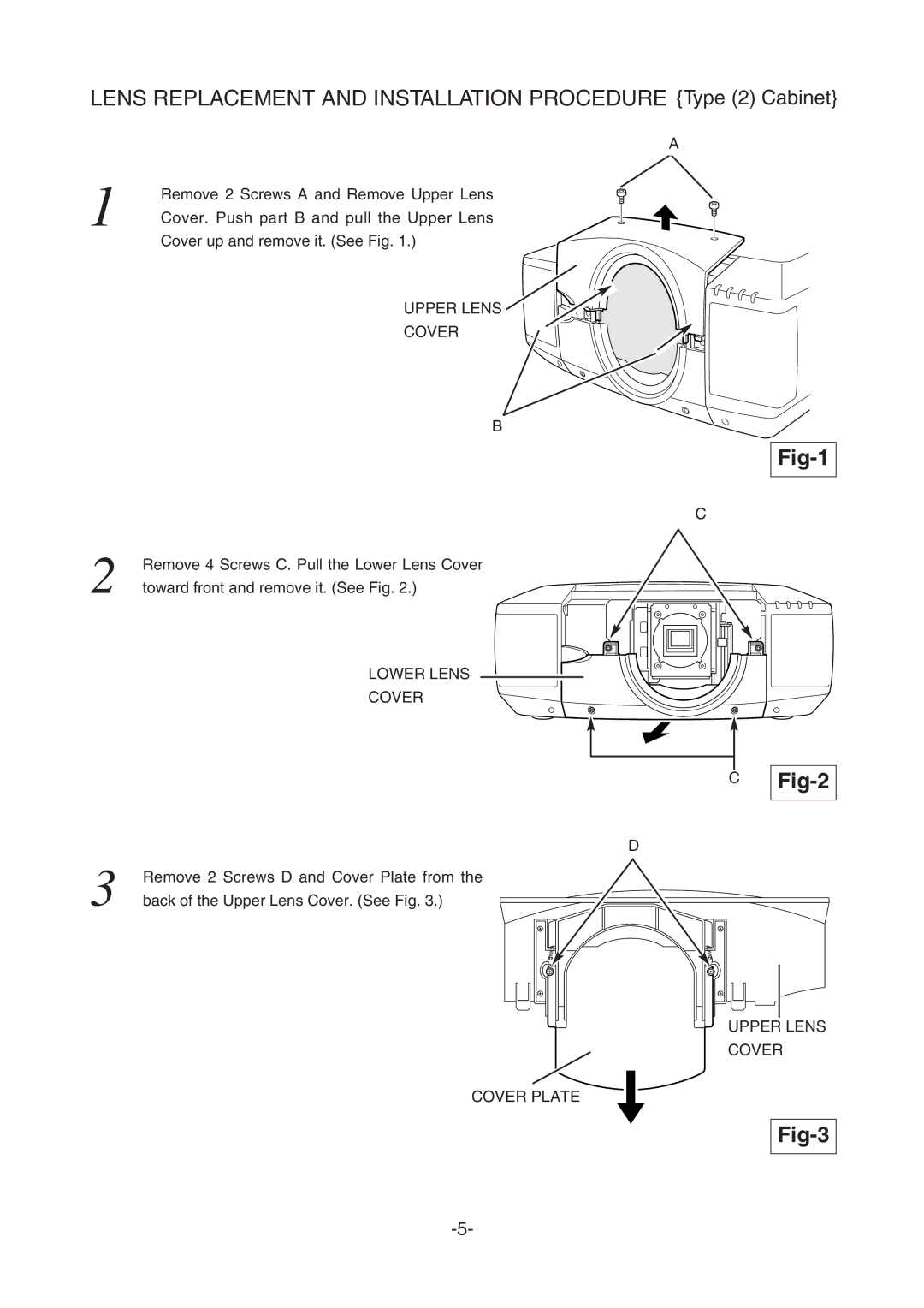 Sanyo LNS-T03 manual Lens Replacement and Installation Procedure Type 2 Cabinet, Fig-1 