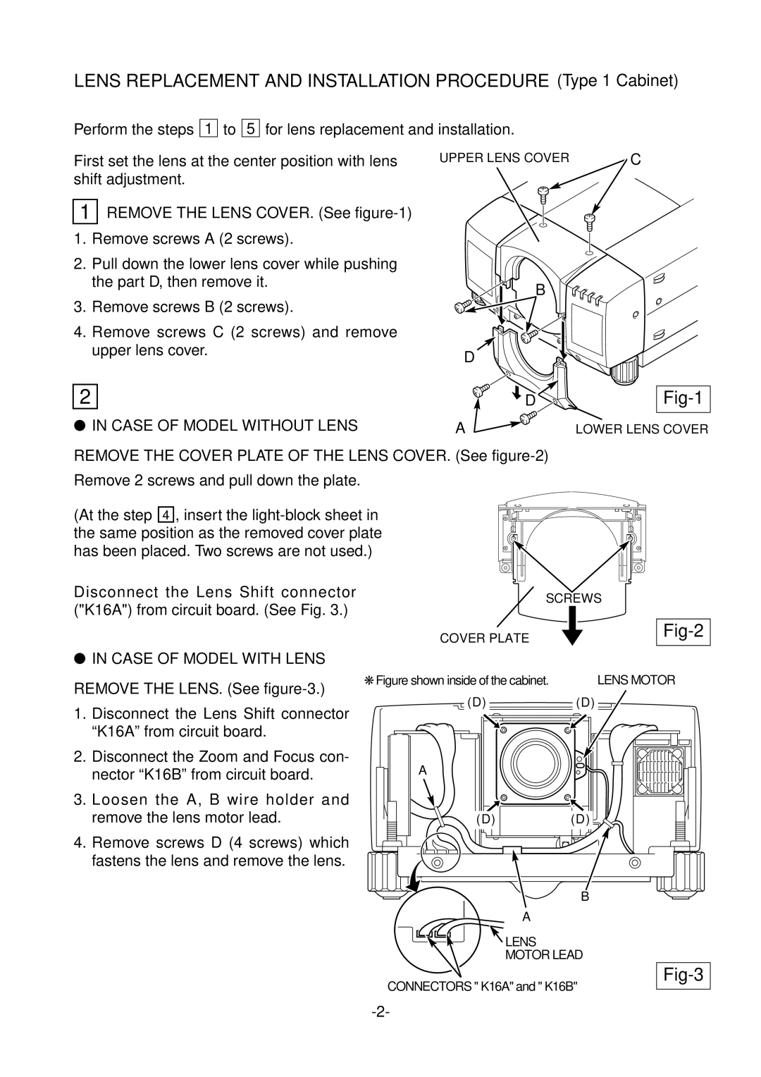 Sanyo LNS-W03 manual Lens Replacement and Installation Procedure Type 1 Cabinet, Fig-1, Fig-2, Fig-3 