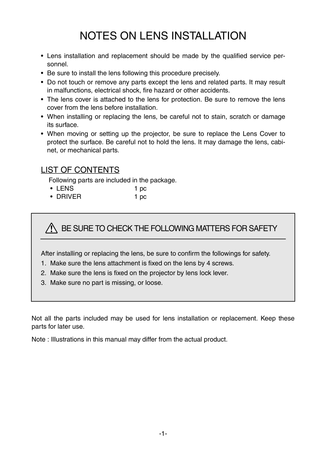 Sanyo LNS-W07, LNS-W05, LNS-W06, LNS-W04 manual List of Contents, Be Sure to Check the Following Matters for Safety 