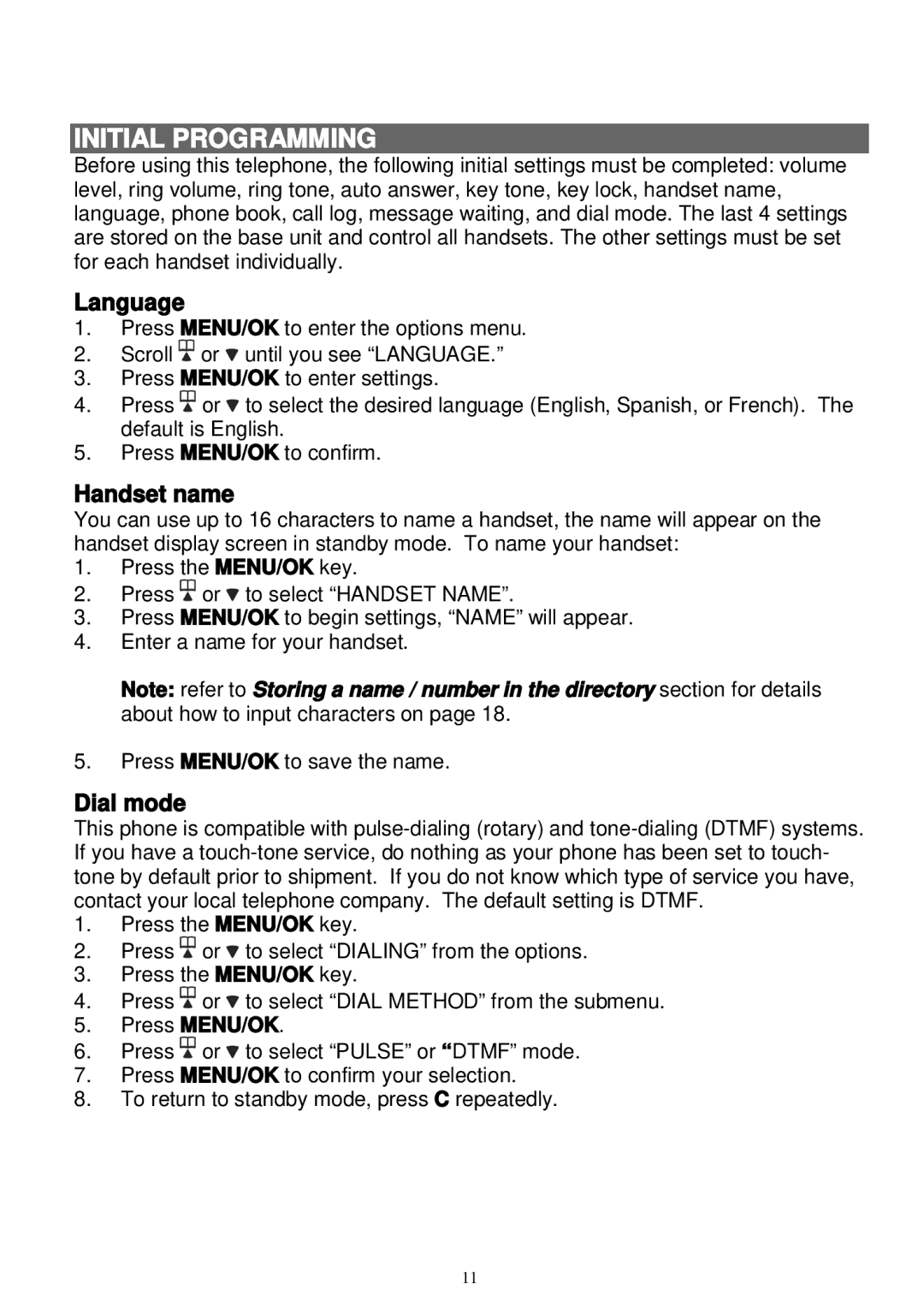 Sanyo LNS-W10 instruction manual Initial Programming, Language, Handset name, Dial mode 