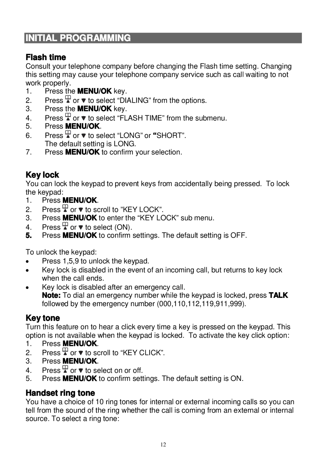 Sanyo LNS-W10 instruction manual Flash time, Key lock, Key tone, Handset ring tone 