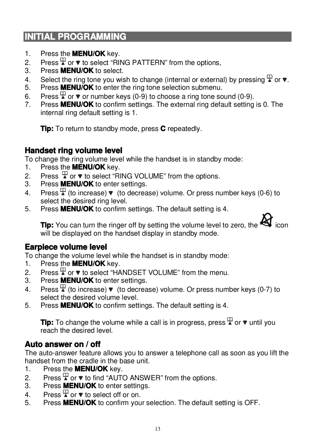 Sanyo LNS-W10 Handset ring volume level, Earpiece volume level, Auto answer on / off, Tip To return to standby mode, press 