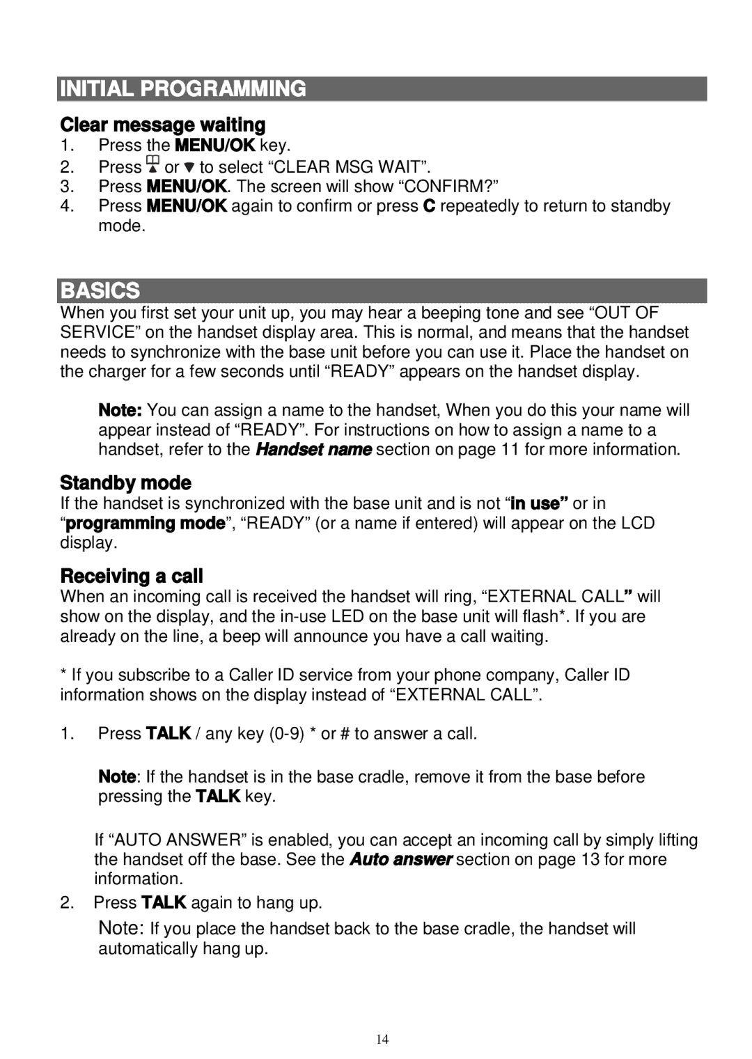 Sanyo LNS-W10 instruction manual Basics, Clear message waiting, Standby mode, Receiving a call 