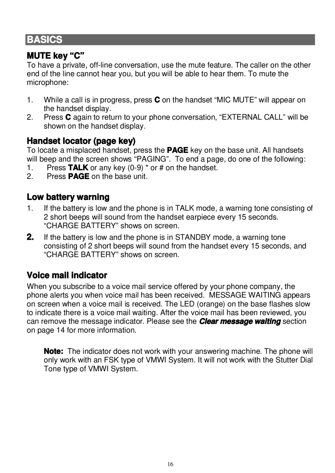 Sanyo LNS-W10 instruction manual Mute key C, Handset locator page key, Low battery warning, Voice mail indicator 