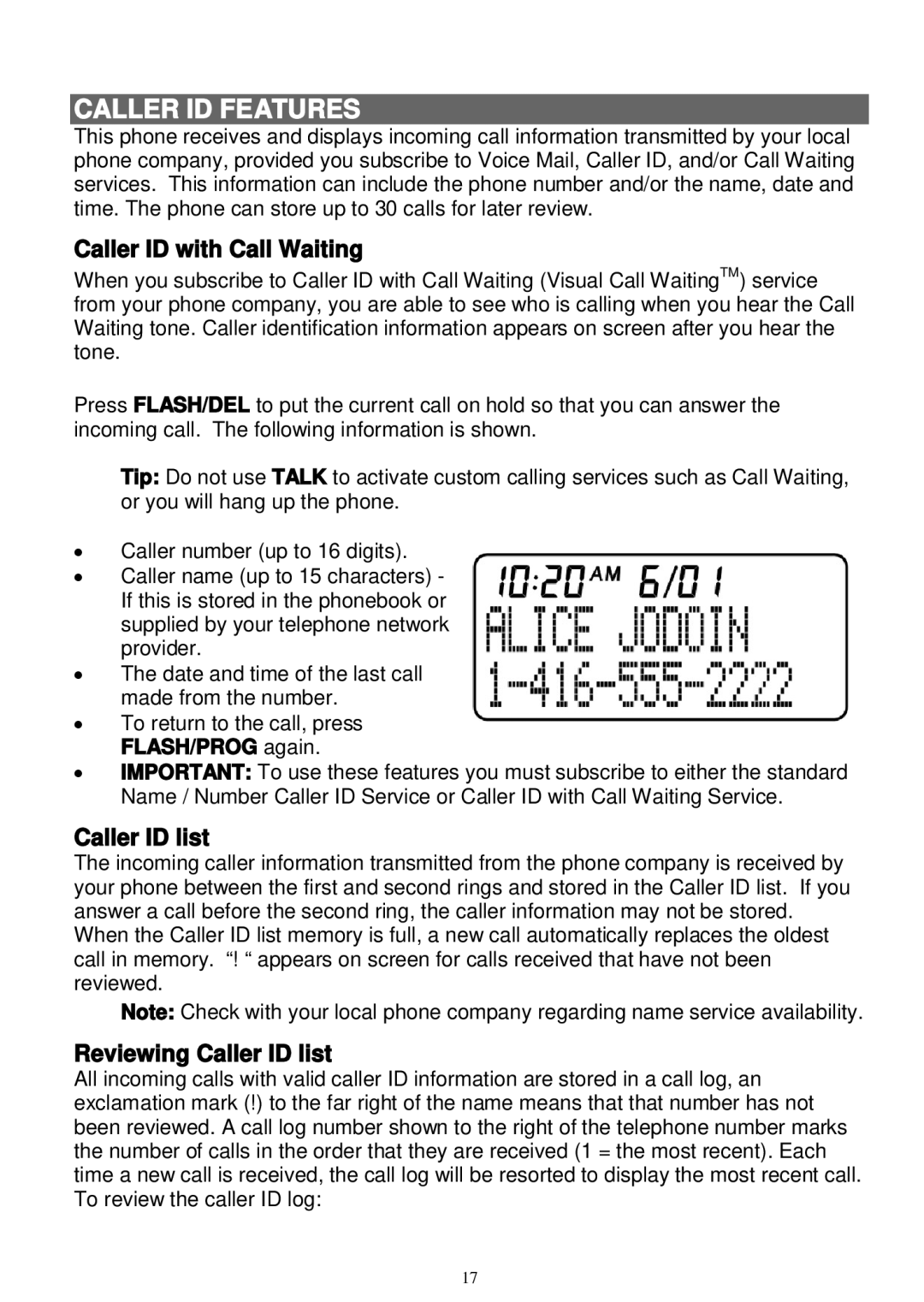 Sanyo LNS-W10 instruction manual Caller ID Features, Caller ID with Call Waiting, Reviewing Caller ID list 